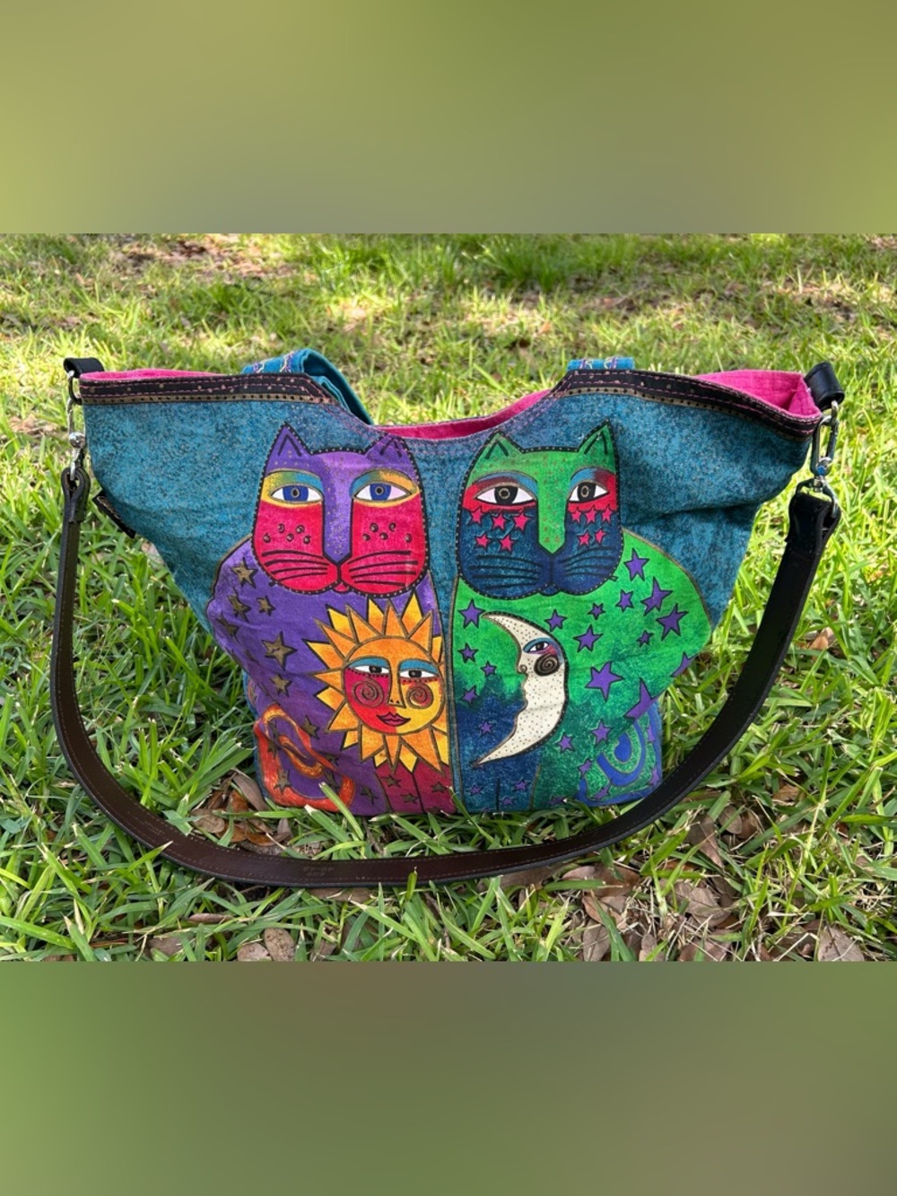 Vintage Laurel Burch Artistic Sun & Moon Cat Tote Bag in Teal, Purple and Green